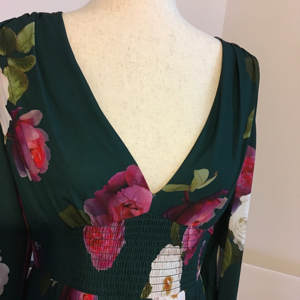Adrianna Papell Long Sleeve Green Floral V-Neck Maxi Dress - Picture 3 of 7